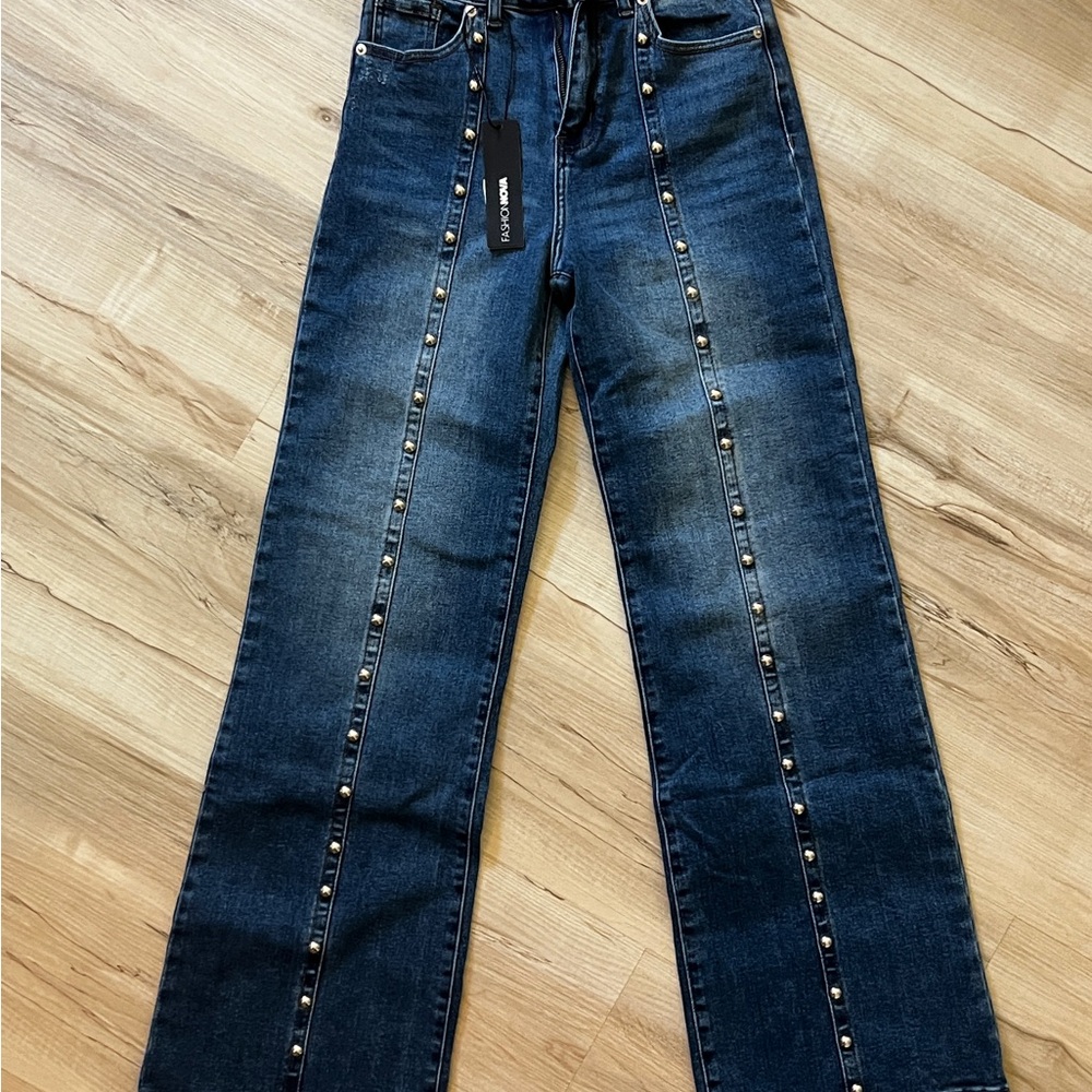 Fashion Nova Blue Flare Wide Leg Jeans with Embellishments